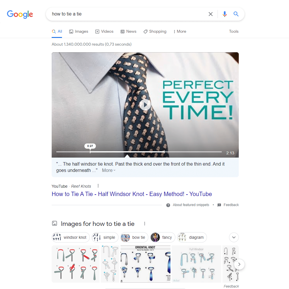 Searching for "How to tie a tie" leads us to over 1.3 billion results of evergreen content on Google.