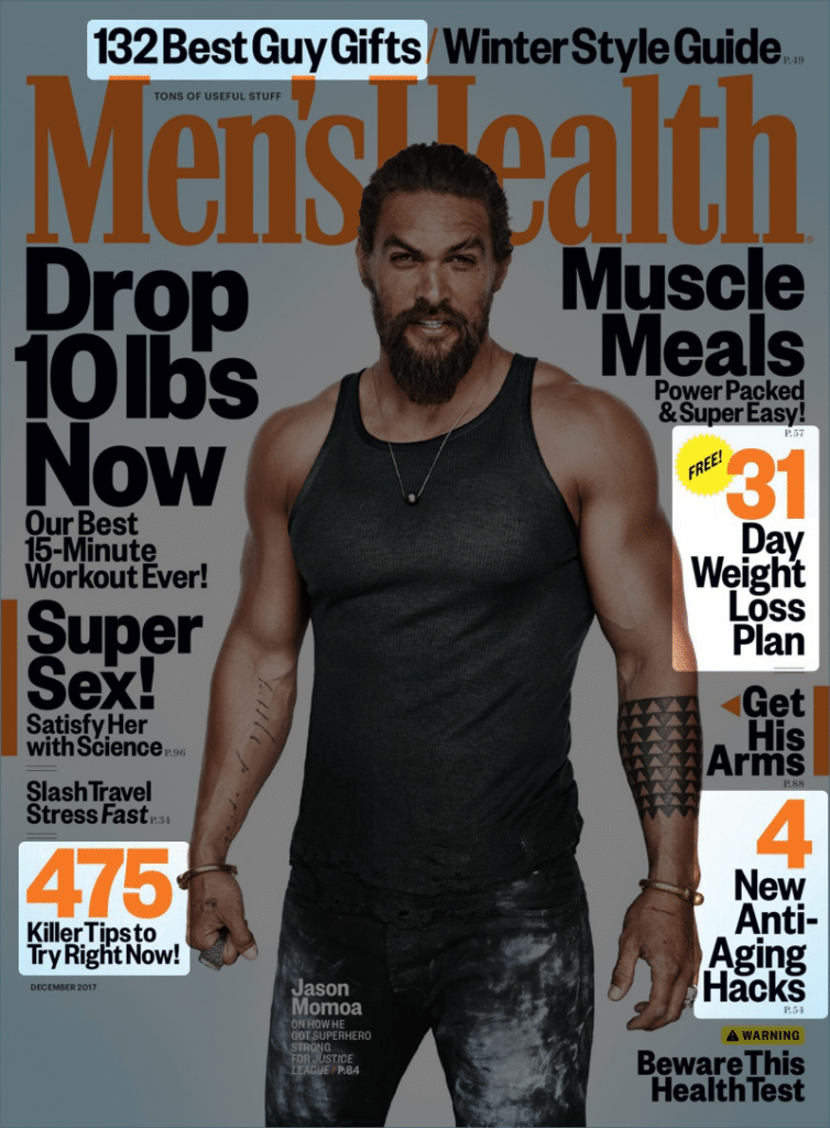 A Listicle example: Men's Health Cover in 2017 with Jason Mamoa.